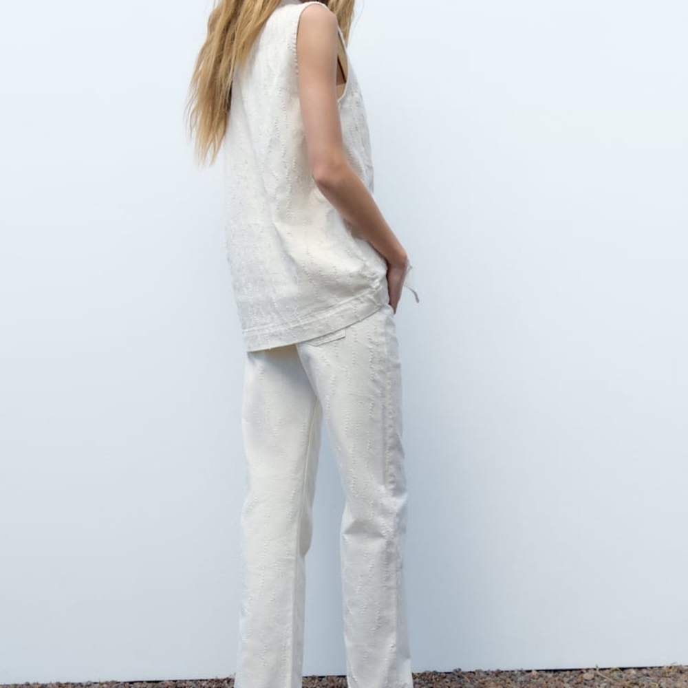 Zara co-ord set Textured Pocket Vest SZ L+ textured distressed pants 8 Ecru nwt - Picture 4 of 16